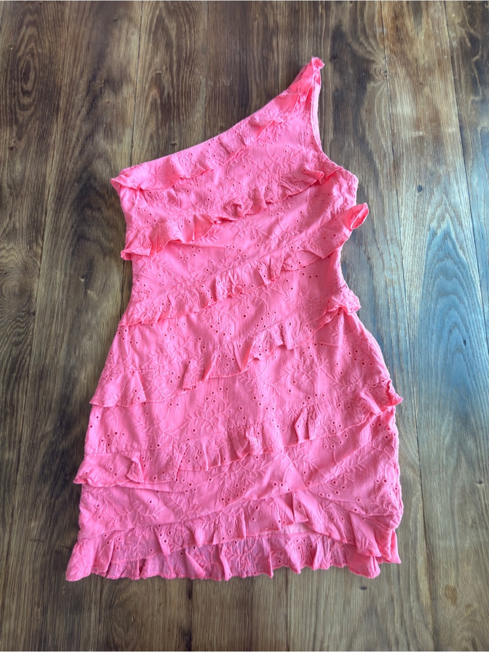 Hello Molly One-Shoulder Ruffle Eyelet Dress - Coral Pink
